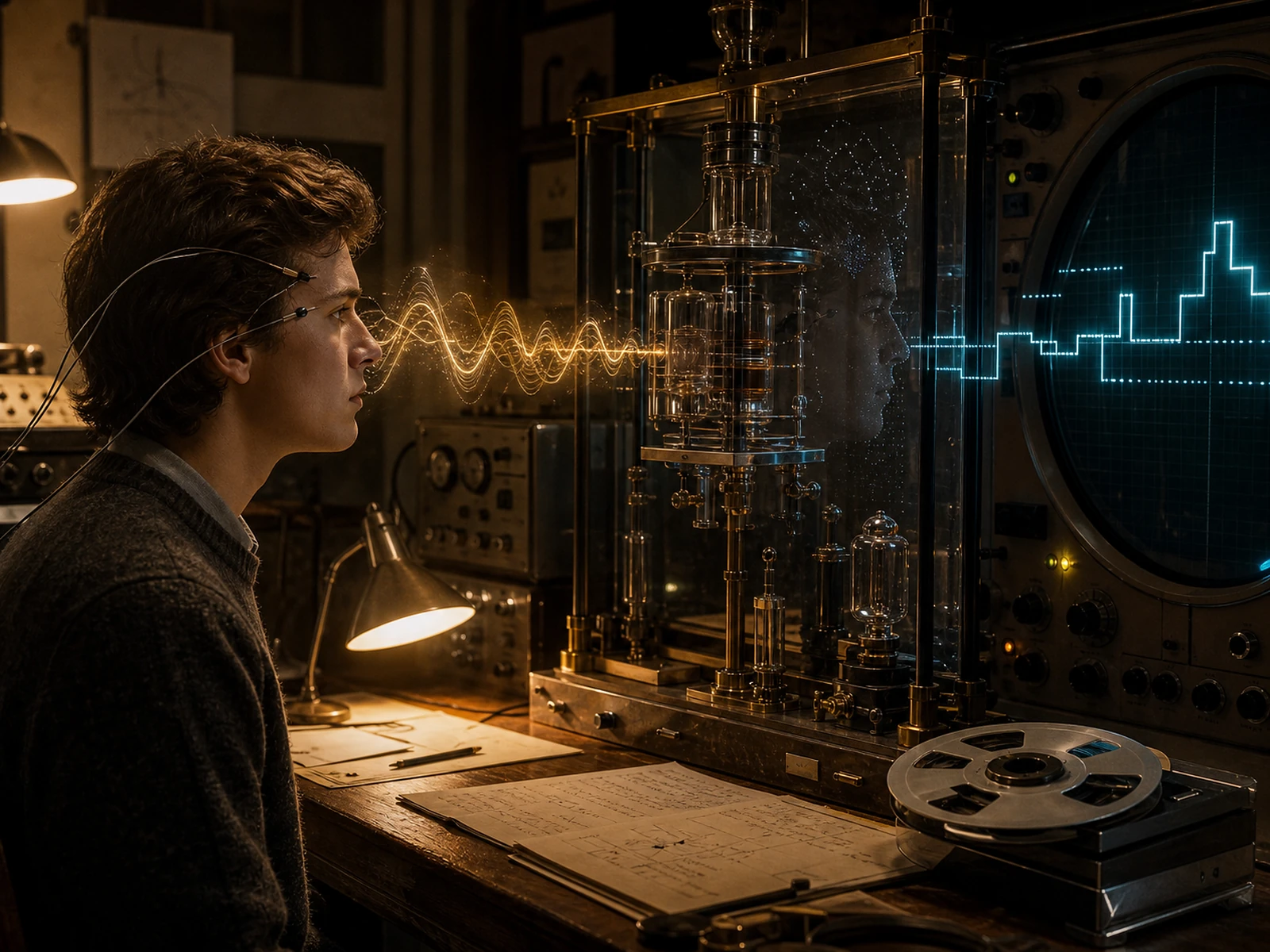 A scientist studies the waveform of the first neural transfer beside an analog computing apparatus