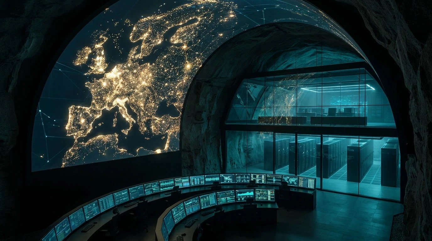 A secure command room overlooking an illuminated map of Europe