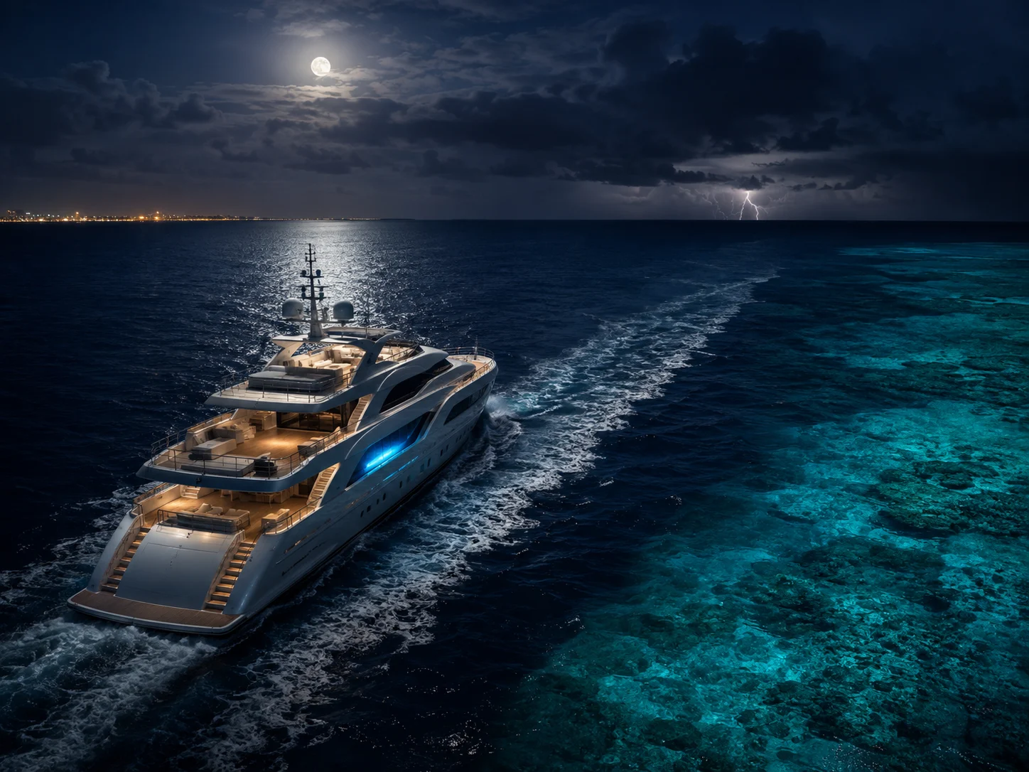 A luxury yacht crossing dark water beneath a storm-lit Miami sky