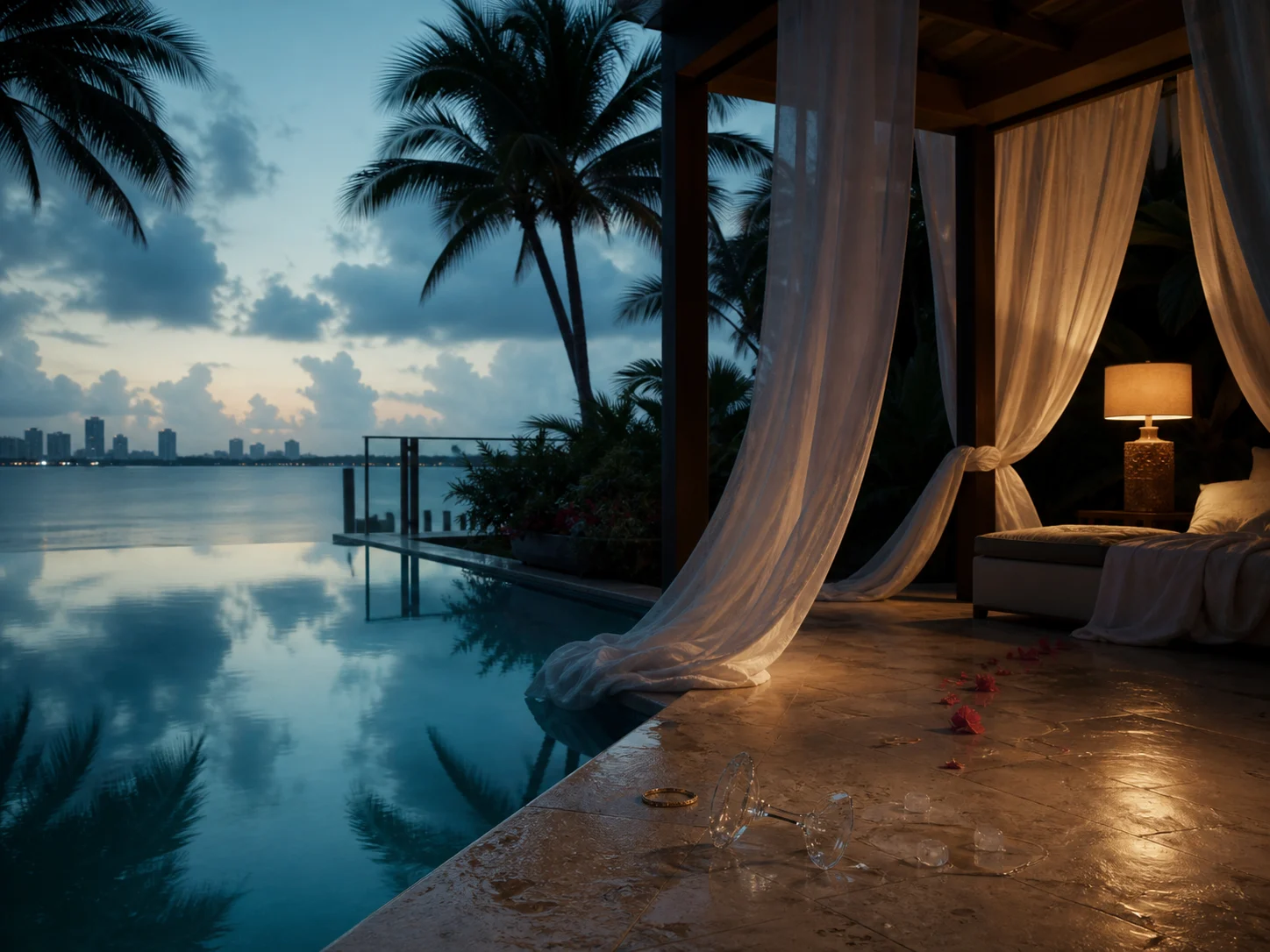 An open bedroom terrace overlooking Biscayne Bay at dusk