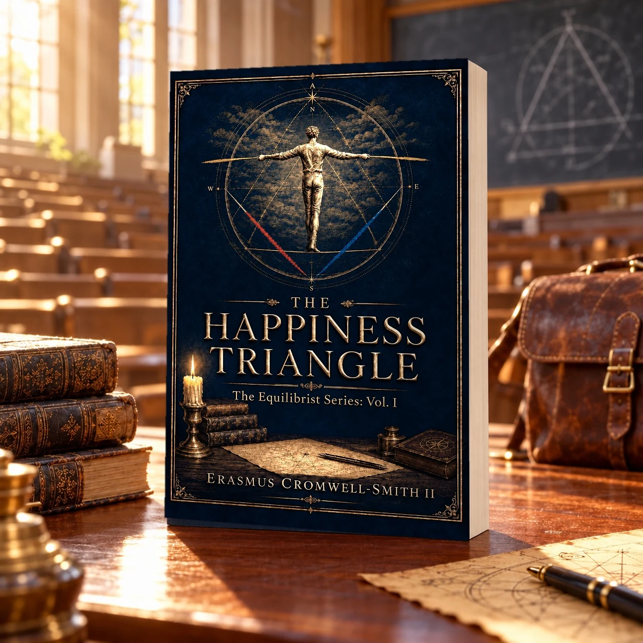 The Happiness Triangle paperback standing on a lecture hall desk