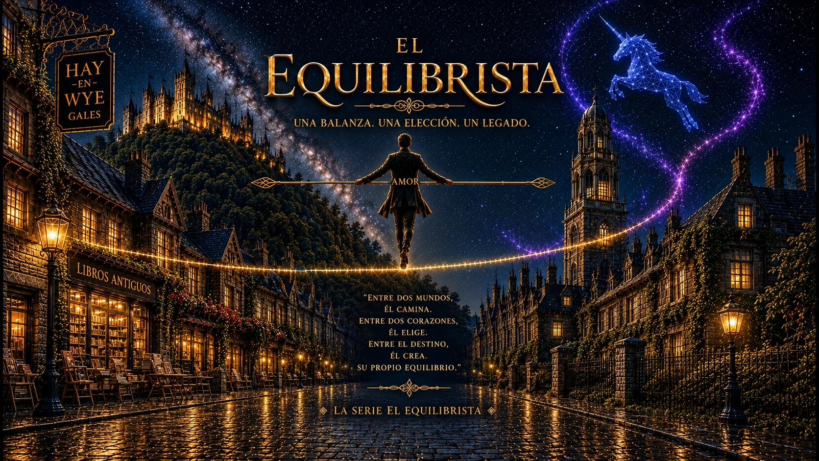 El Equilibrista caminando por una cuerda dorada entre Hay-on-Wye y Harvard bajo un unicornio celestial