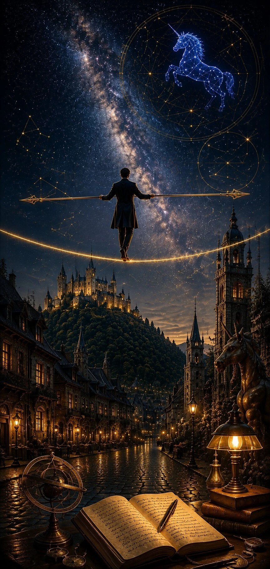 The Equilibrist crossing above an open book toward a luminous city, accompanied by a white unicorn
