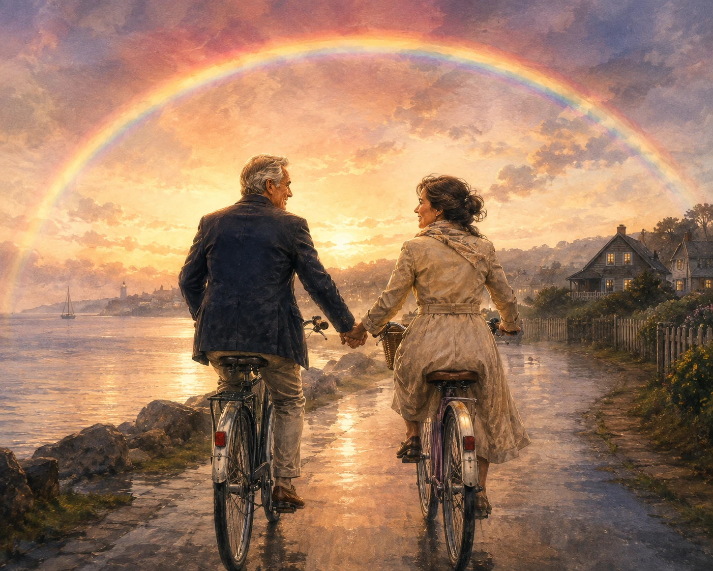 Two reunited lovers cycling together beneath a rainbow at sunset