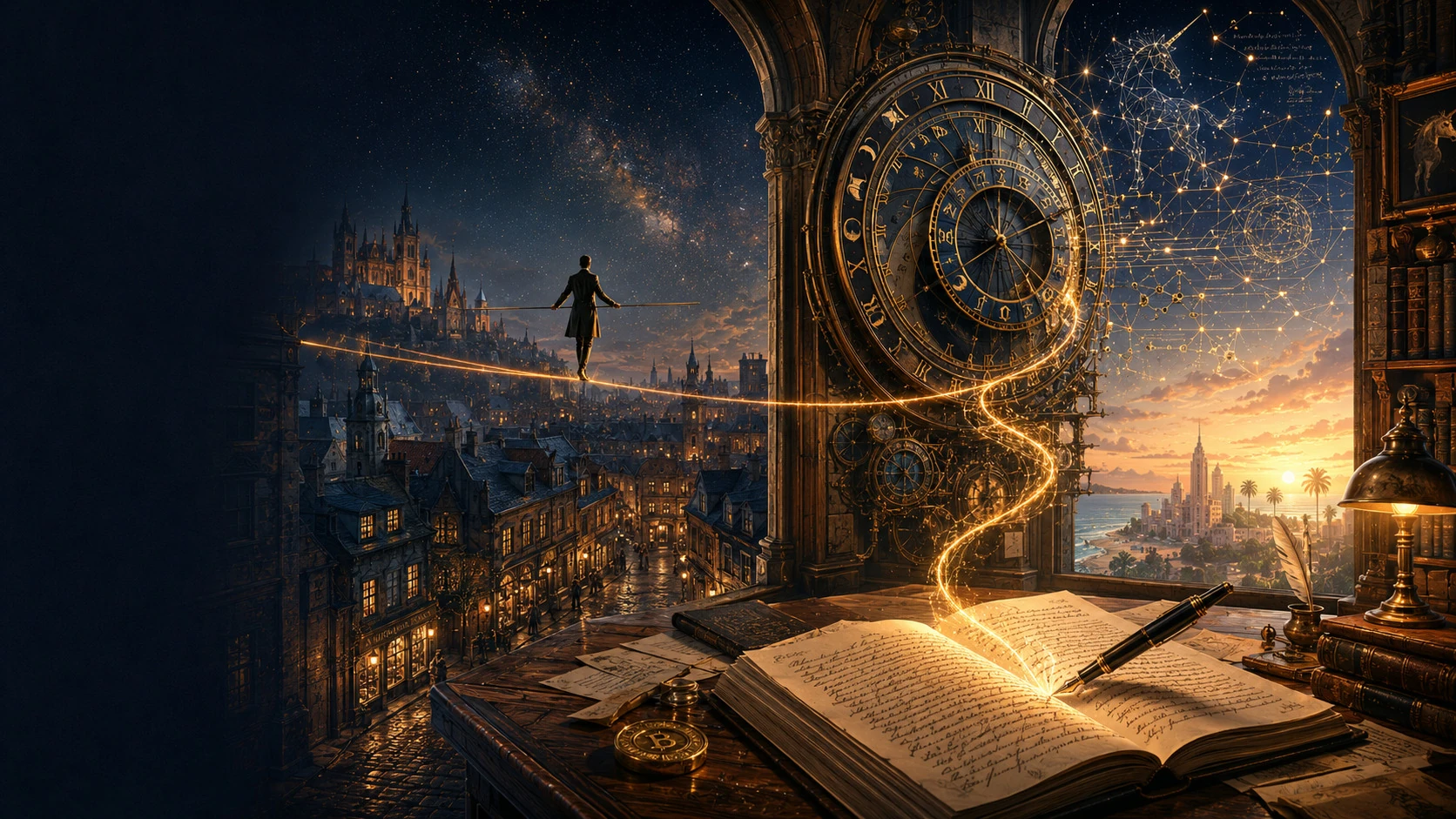 A golden thread connects a writer's manuscript, an astronomical clock, an equilibrist, and distant literary worlds