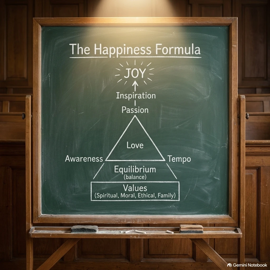 The Happiness Formula diagram drawn on a classroom chalkboard