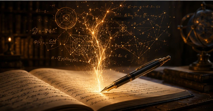 A fountain pen writes in an open manuscript as golden equations rise from the page