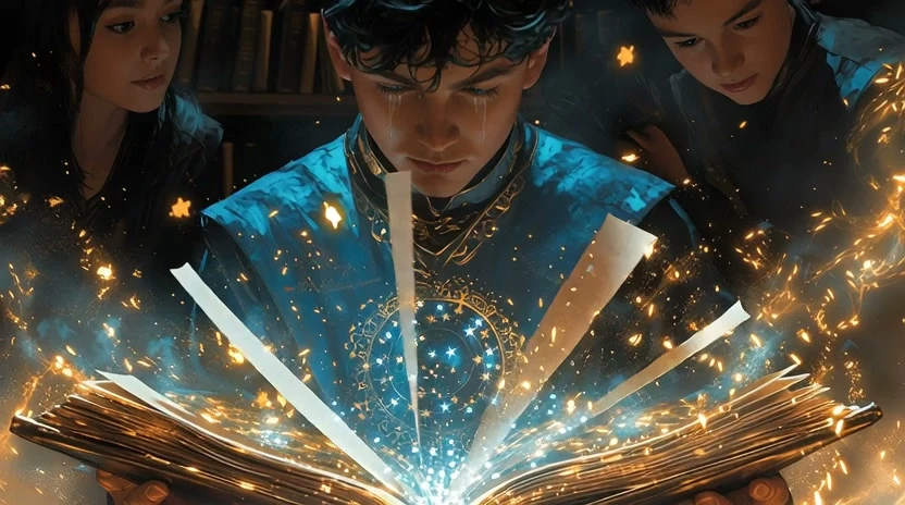 A young wizard reading from a luminous book as the first door opens