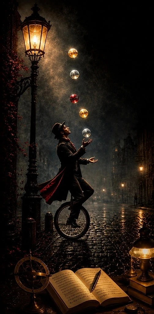 A street juggler balancing on a unicycle beneath a lamppost beside an open book