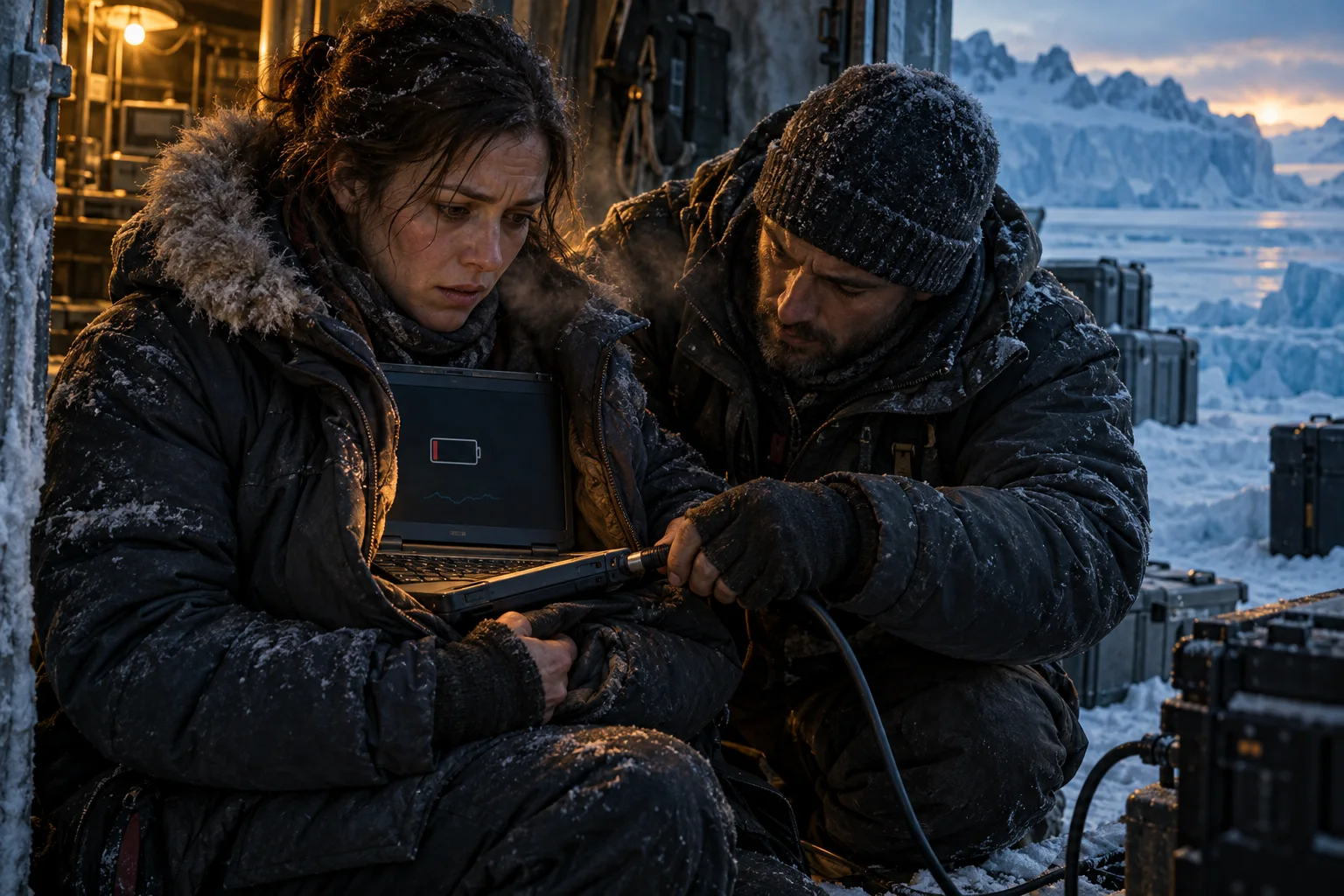 Two of the crew sheltering on the Greenland ice, watching a laptop battery run down