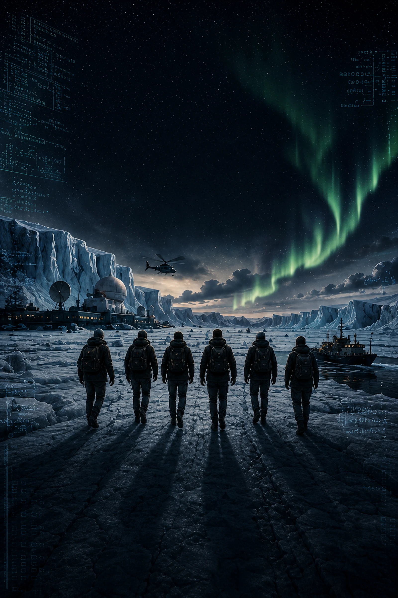 The crew crossing the Greenland ice beneath the aurora