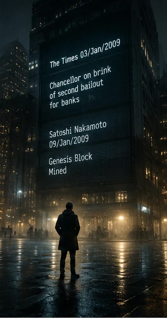 The Times headline from Bitcoin's genesis block rising over a rain-darkened city