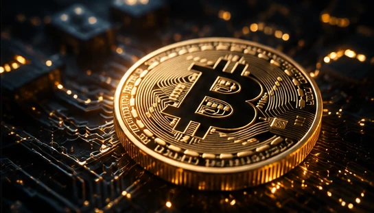 A gold Bitcoin resting on illuminated circuitry