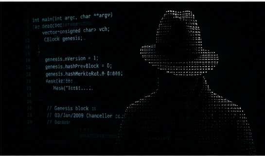 A human silhouette emerging from the text of Bitcoin's genesis block