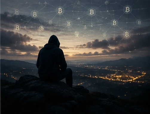 An anonymous figure overlooking a city beneath a network of Bitcoin nodes