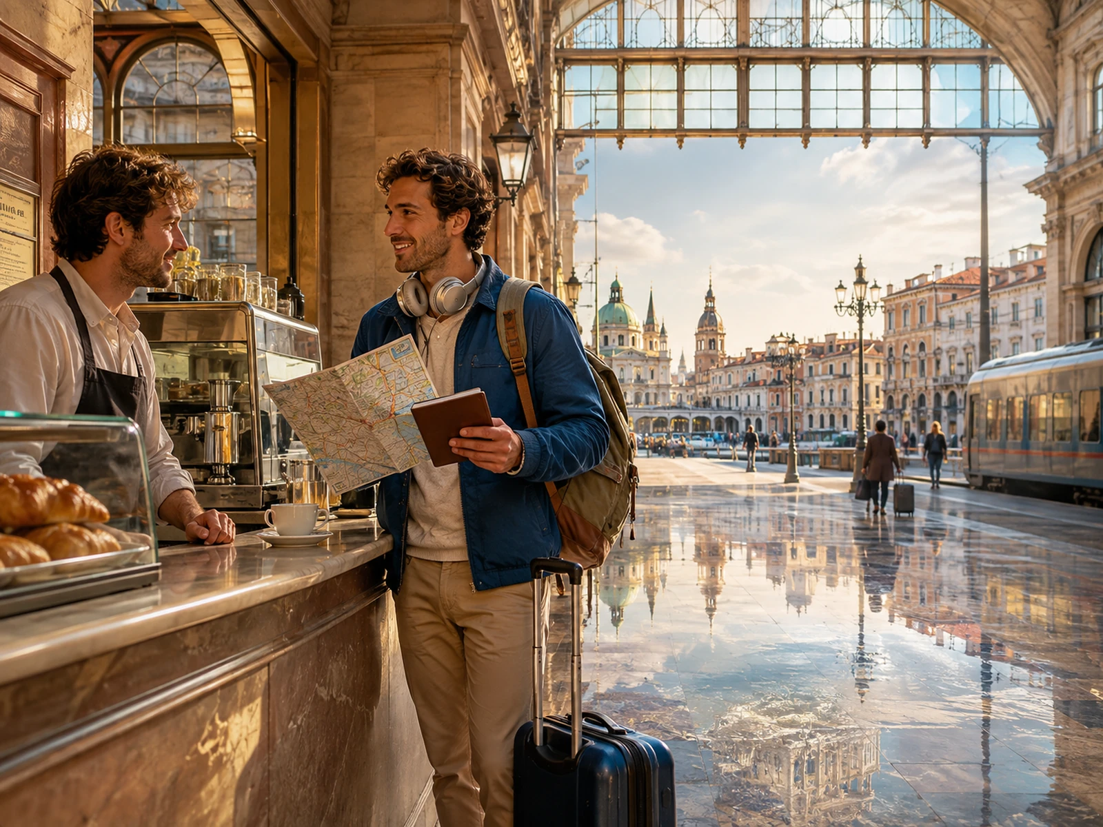 A traveler speaking confidently in a new language