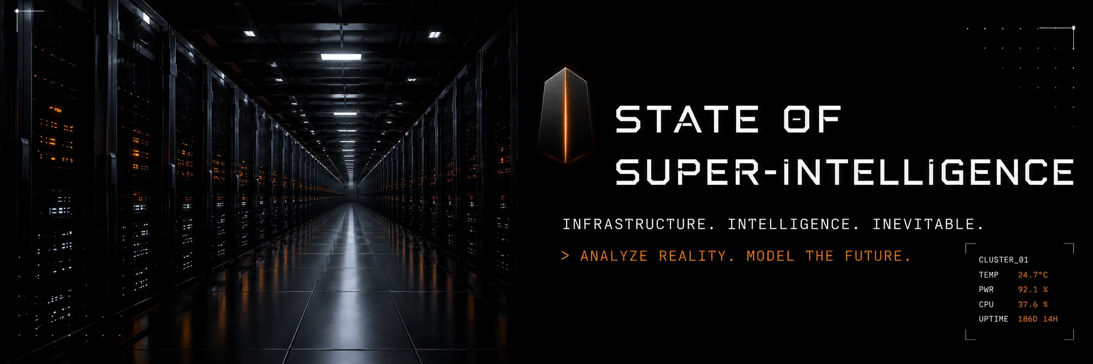 State of Super-Intelligence — a data centre corridor and the monolith mark